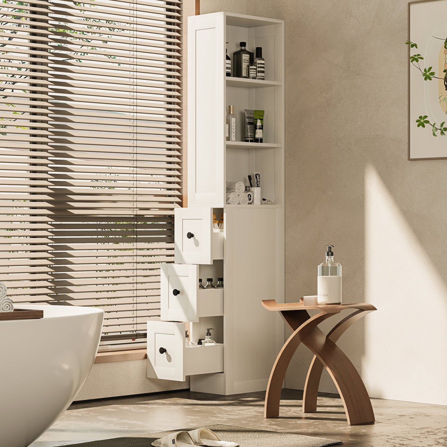 LAUSAINT HOME Bathroom Storage Cabinet Tall Thin White Cabinet with 3 Adjustable Shelves