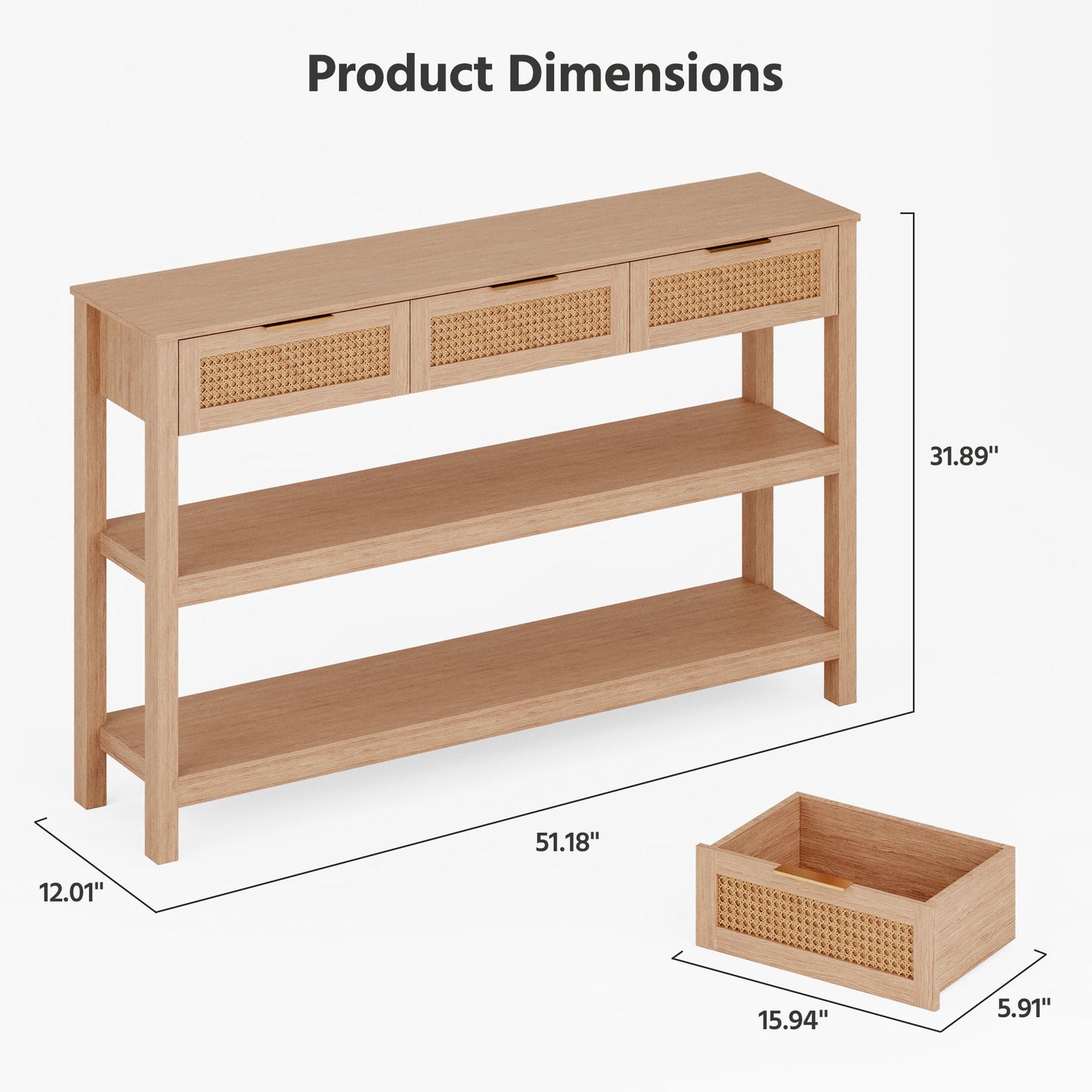LAUSAINT HOME Narrow Console Table Behind Couch, 51" Entryway Table with 3 Ratten Drawers