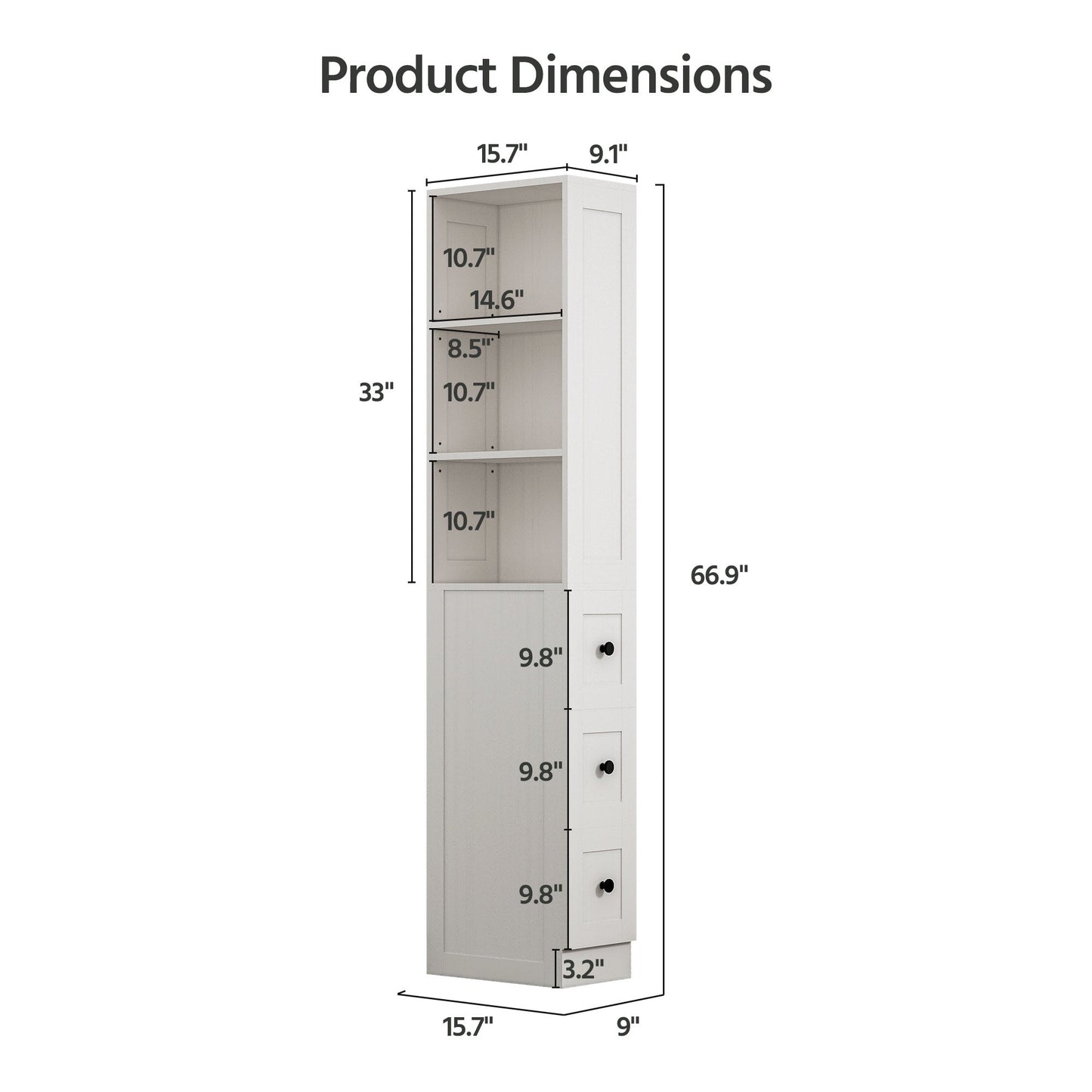LAUSAINT HOME Bathroom Storage Cabinet Tall Thin White Cabinet with 3 Adjustable Shelves