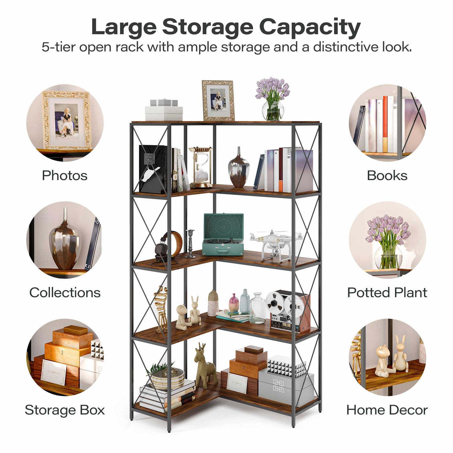 LAUSAINT HOME 5-Tier L-Shaped Corner Bookcase